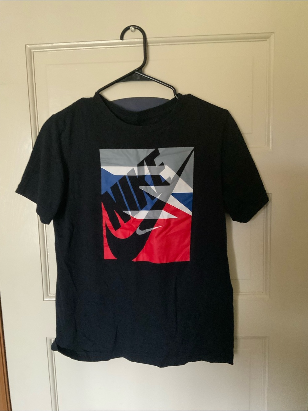 Nike Kids Black Short-Sleeve Graphic Tee with Red and Blue Logo